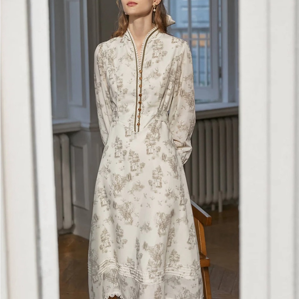 Simple Retro Lyric Printed Stand Collar Midi Dress